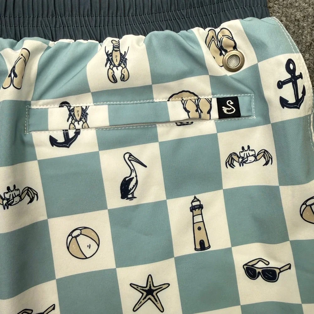 Swannies Men Blue Nautical Checkered Swim Trunks Board Shorts Size 38 Drawstring